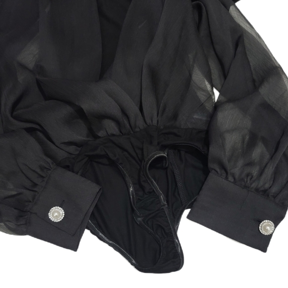 CQ by CQ New Black Sheer Faux Wrap Bodysuit - Picture 3 of 6